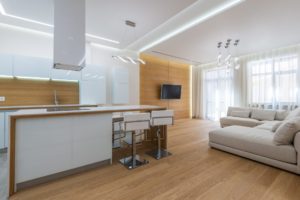 Newly built kitchen with white walls