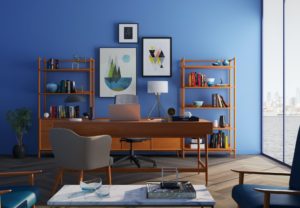 Minimalist home office with blue walls