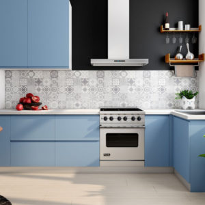 modern light blue kitchen with splash work