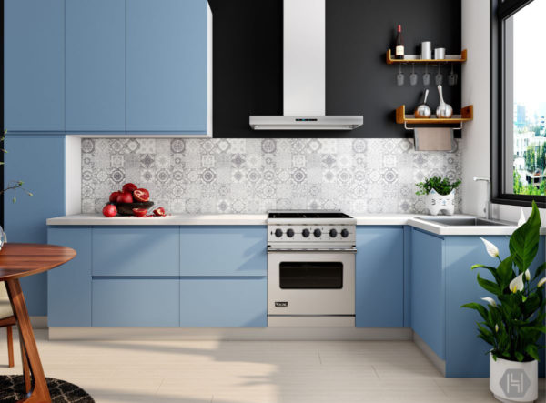 modern light blue kitchen with splash work