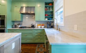 green kitchen cabinets in Vancouver